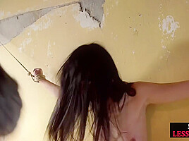 Asian female BDSM sub fucked in hairypussy after whipping