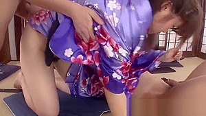 Asian teen 18+'s threesome ends in a creampie
