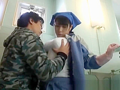 Asian toilet attendant cleans wrong part2