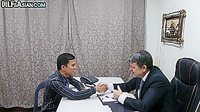 Asian twink barebacked by white business DILF in office