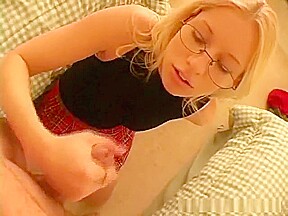 Blonde Morgan March in glasses gives him head and gets a facial in POV