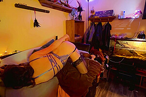 Blue October - Tgirl In Blue Lingerie And Stockings Strips And Rides Her Dildo