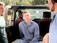 Broke gay fucks 2 car mechanics - bareback threesome gay sex