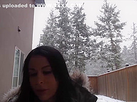 Brunette in Green Jacket and Fur Hood Masturbation