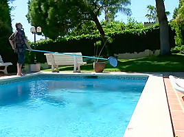 Brunette poolside gets sex and cum on tits