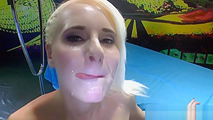 Bukkaked slut drinks cum