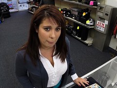 Busty and Milf walks in and tries to sell old cards gets fucked