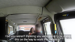 Busty petite dark haired babe in fake taxi
