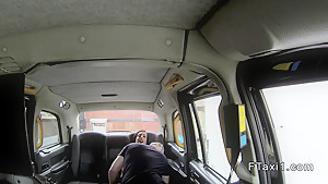 Busty petite dark haired babe in fake taxi