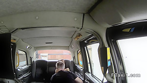 Busty petite dark haired babe in fake taxi