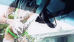 Busty teens 18+ in sexy bikinis wash car and clean a cock