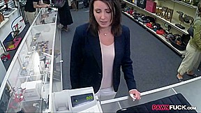 Customers wife let the pawn man fuck her in the backroom