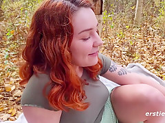 Cute American Girl Autumn Plays With A Glass Dildo Outdoors