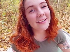 Cute American Girl Autumn Plays With A Glass Dildo Outdoors