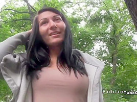 Dark haired amateur banged in the car in public