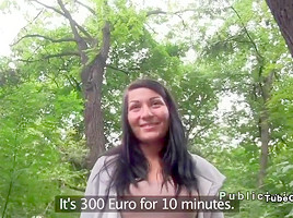 Dark haired amateur banged in the car in public