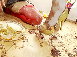 Eva and Mai make out in a messy floor in a close up shoot