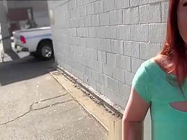 Gorgeous redhead babe with a fantastic ass gags on a cock