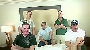 Group of studs drill a brunette in a gangbang