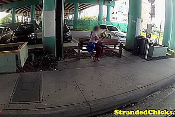 Hitchhiking babe facialized in restroom