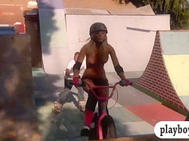 Horny sexy babes with big boobs enjoyed dirty biking
