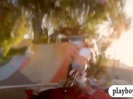 Horny sexy babes with big boobs enjoyed dirty biking