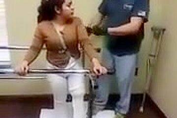 Lak amputee walking whit one crutch