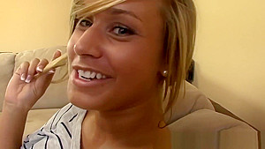 Lovely blonde teen 18+ stepsis gives a deepthroat blowjob to bro