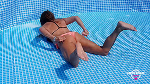 Nippleringlover Horny Milf Hot Bikini Flashing Pierced Nipples & Pussy While Cleaning Pool Outdoors