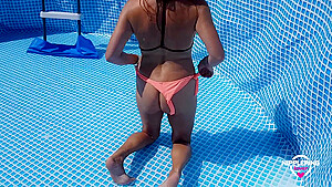 Nippleringlover Horny Milf Hot Bikini Flashing Pierced Nipples & Pussy While Cleaning Pool Outdoors