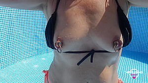 Nippleringlover Horny Milf Hot Bikini Flashing Pierced Nipples & Pussy While Cleaning Pool Outdoors