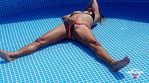 Nippleringlover Horny Milf Hot Bikini Flashing Pierced Nipples & Pussy While Cleaning Pool Outdoors