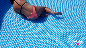 Nippleringlover Horny Milf Hot Bikini Flashing Pierced Nipples & Pussy While Cleaning Pool Outdoors