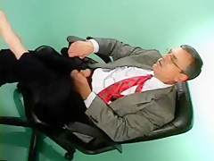 Old man with mustache and glasses masturbates