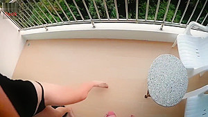 POV blowjob on balcony - anal plug hairy tail in sexy ass - view from below