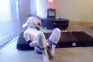 Plugged Caged & Gagged Sissy In Selfbondage Straitjacket And Wig - Harley Quinn