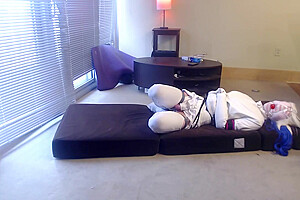 Plugged Caged & Gagged Sissy In Selfbondage Straitjacket And Wig - Harley Quinn