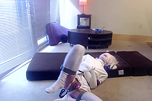 Plugged Caged & Gagged Sissy In Selfbondage Straitjacket And Wig - Harley Quinn