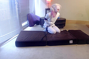 Plugged Caged & Gagged Sissy In Selfbondage Straitjacket And Wig - Harley Quinn