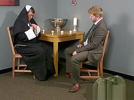 Plump brit nun cocksucking until face spunked