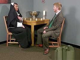 Plump brit nun cocksucking until face spunked