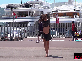 Public naked slut whipped outdoor by master and domina
