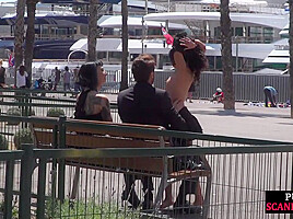 Public naked slut whipped outdoor by master and domina