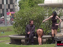 Public naked slut whipped outdoor by master and domina
