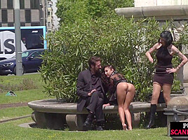 Public naked slut whipped outdoor by master and domina