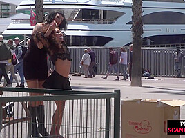 Public naked slut whipped outdoor by master and domina