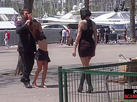 Public naked slut whipped outdoor by master and domina
