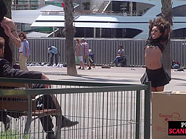 Public naked slut whipped outdoor by master and domina