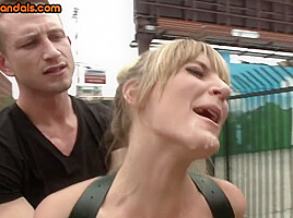 Public slutty MILF with estim on thighs whipped outdoor