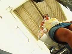 Rear and frontal upskirt shots of a curvy lady